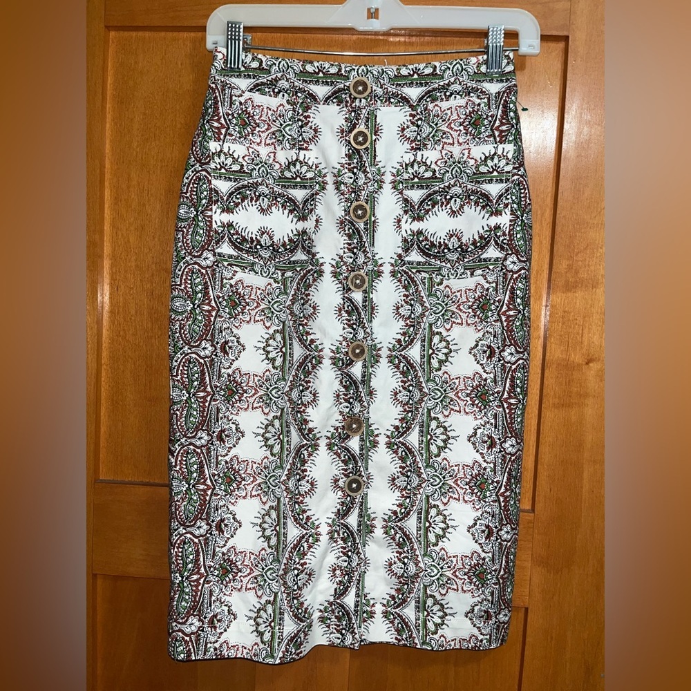 Maeve Kaleidoscope Button-Front Pencil Skirt Size 0 Ivory Paisley Anthropologie - Picture 3 of 7